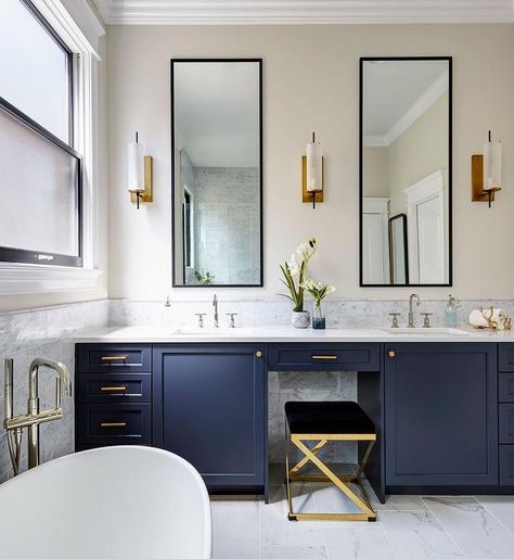 Vanity Backsplash, Polished Nickel Faucet, Blue Bathroom Vanity, Black Floor Tiles, Bathroom Vanity Designs, Blue Vanity, Glass Countertops, Transitional Bathroom, Marble Vanity