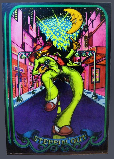 Vintage 1970's Steppin' Out Black Light Poster. Dated 1973. White Feather Boa, Pinball Art, Hippy Art, Popeye And Olive, Blacklight Posters, Hippie Posters, White Zombie, Black Light Posters, Black Evening Dress