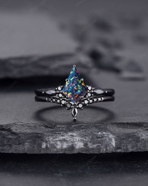 Gothic Kite Shape Black Opal Engagement Ring Set, Witchy Black Gold Promise Ring, Black Wedding Anniversary Ring, Unique Gift for Women - Etsy Black Opal Engagement Ring, Opal Engagement Ring Set, Gothic Engagement Ring, Gold Promise Ring, Wedding Anniversary Ring, Black Opal Ring, Black Engagement Ring, Cute Engagement Rings, Opal Engagement Ring