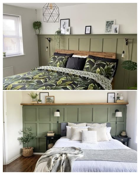 Wainscoting In Bedroom Ideas, Fake Paneling Wall Bedroom, Half Panel Half Wallpaper Bedroom, Tall Wainscoting Bedroom, Wood Panelling Headboard, Green Bedroom Half Wall, Green Panel Bedroom, Bedroom Wainscoting Ideas Master, Half Wall Paneling Bedroom