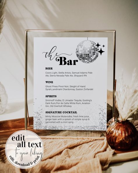 Get groovy with our Retro Funky Disco Bar Menu Signs. These signs, available in 5x7'' and 8x10'', are fully customizable. Edit and print them with ease at home or with a professional printer. Ideal for weddings and other events. #discowedding #lastdisco #discoparty #barmenu #cocktailmenu #customsign #diybride Menu Signs, Disco Bar, 70s Wedding, Bar Menu Sign, Cocktail Sign, Signature Cocktail Sign, Smirnoff Vodka, Birthday Drinks, Menu Sign