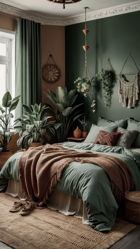 22  Green Boho Bedroom Ideas for Your Sanctuary 3 Light And Dark Green Bedroom, Bed In Corner Ideas, Green Accent Room, Green Walls And Curtains, Dark Green And Terracotta Bedroom, Green Interior Bedroom, Earthy Accent Wall, Green Bedroom Paint Ideas, Earthy Vibes Aesthetic