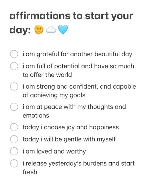 affirmations to start your day 🌅 starting your day on a positive note will help your mental for the day, try writing these affirmations in your journal in the morning to start your day off right! 🫶🏼 xoxo, Kati 🧚💗✨ Happy Affirmations, Day Affirmations, Daily Positive Affirmations, Positive Notes, I Am Strong, Choose Joy, I Am Grateful, Joy And Happiness, New Week