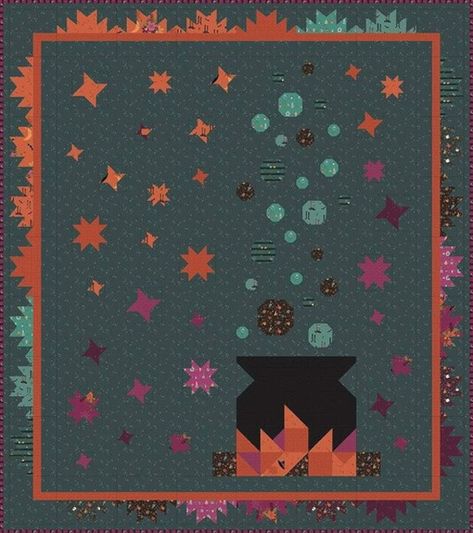 "QUILT PATTERN *BUBBLING BREW*  by JENNIFER LONG RILEY BLAKE DESIGNS WHEN FINISHED MEASURING ABOUT 74\" X 88\" $12.99 YOU WILL GET THIS PATTERN AS SEEN HERE - IN THE US MAIL" Witchy Quilt Pattern, Picnic Quilts, Book Quilts, Pixel Quilt, Halloween Quilt Patterns, Fall Quilt Patterns, Halloween Quilt, Beginner Quilt, Picnic Quilt