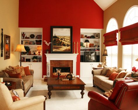 15 Red Themed Living Room Designs                                                                                                                                                     More Red Sofa Decorating, Red Accent Wall, Living Room Decor Brown Couch, Traditional Family Room, Open Family Room, Red Living, Sofa Beige, Living Room Red, Accent Walls In Living Room