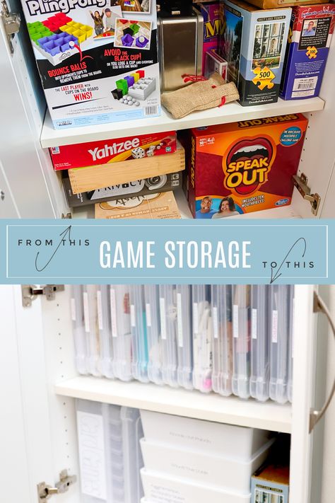 board game storage idea Board Game Storage, Game Storage, Organization Hacks, Decorating Tips, Storage And Organization, Cupboard, Storage Organization, Board Games, Wood Projects