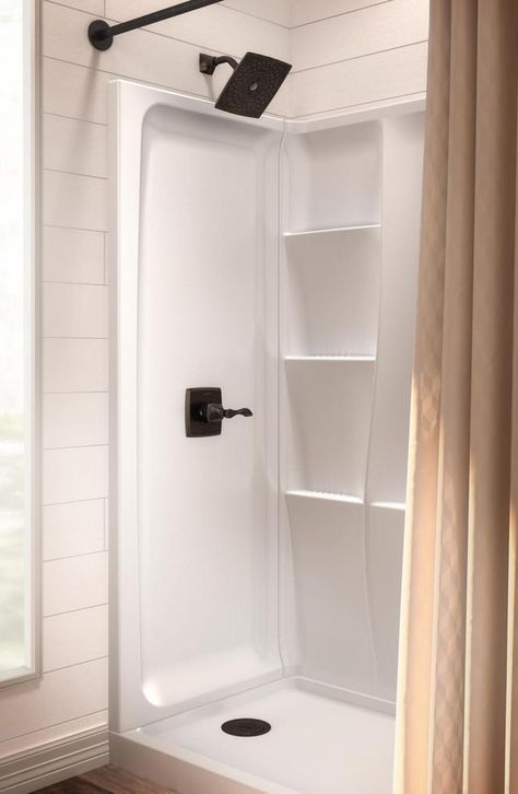 Fiberglass Shower Master Bath, Fiberglass Shower Insert With Glass Door, Delta Shower Surround Installation, Fiberglass Shower Pan With Tile Walls, Bathtub Wall Surround, Fiberglass Shower Stalls Lowe's, Handicapped Bathroom, Decorate Bathroom, One Piece Shower