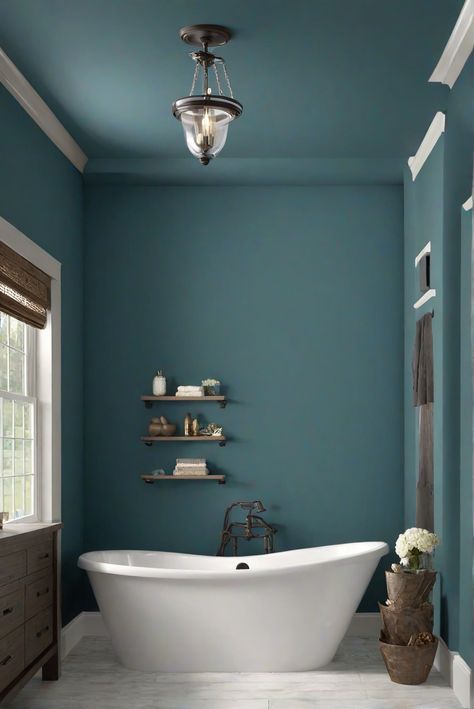 bathroom remodel, luxury bathroom design, bathroom renovation, master bathroom ideas Turquoise Bathroom Paint Colors, Deep Teal Bathroom, Deep Sea Dive Sherwin Williams, Dark Teal Bathroom Ideas, Teal Bathroom Walls, Sherwin Williams Deep Sea Dive, Underseas Sherwin Williams, Ocean Blue Walls, Wall Paint Bathroom