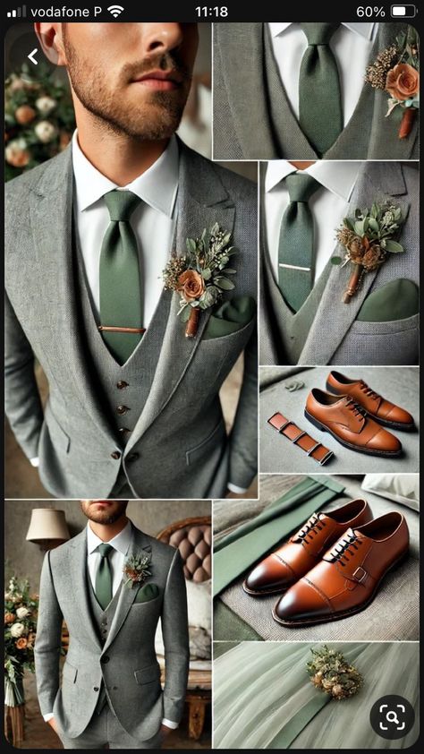 Green Groom Suit Grey Groomsmen, Green Tan Wedding Theme, Gray And Green Groomsmen Attire, Sage And Tan Groomsmen, Grey Suit Olive Green Tie, Sage Green And Champagne Wedding Groomsmen, Eucalyptus Wedding Groom, Wedding Suit Inspo Men, Dark Grey Suit Green Tie Wedding