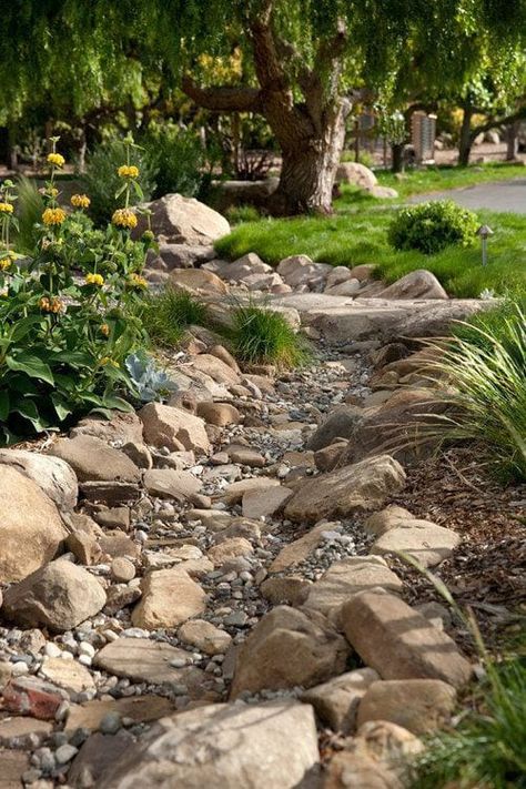 Stream Bed, Dry Creek Bed, Dry River, Small Front Yard Landscaping, Creek Bed, Farm Food, Rock Garden Landscaping, Garden Types, Dry Creek