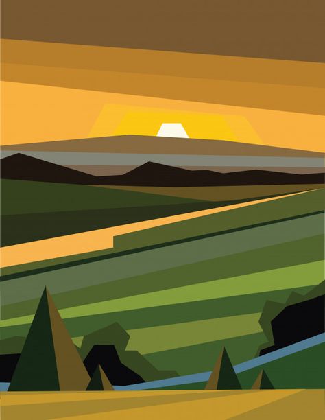 Abstract polygonal green landscape with mountains Premium Vector Cubism Landscape Painting, Cubist Landscape Painting, Geometric Landscape Art, Mountain Abstract Art, Cubism Landscape, Color Block Landscape, Mountain Landscape Illustration, Graphic Design Landscape, School Wall Art Ideas