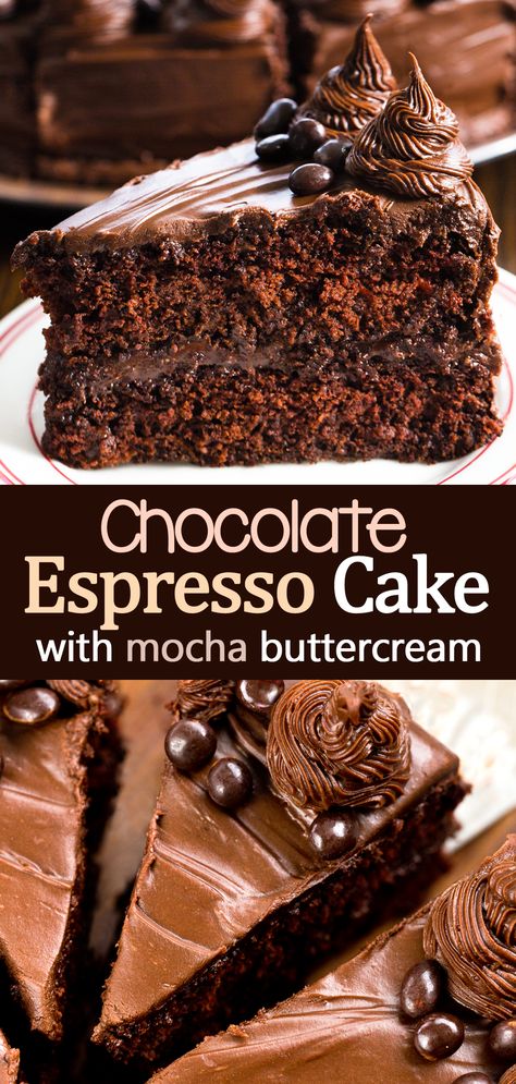 Dark Chocolate Espresso Cake Coffee Dessert Recipe Choc Desserts, Chocolate Espresso Cake Recipe, Espresso Cake Recipe, Cookbook Inspiration, Espresso Dessert, Mocha Buttercream, Chocolate Espresso Cake, Mocha Frosting, Espresso Cake