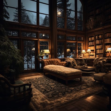 Dark Home Library Cozy, Rustic Library Aesthetic, Rustic Library Room, Library Room With Fireplace, Library Aesthetic Modern, Big Library In House, Rainy Library, Rustic Home Library, Dream Library Cozy Reading Room