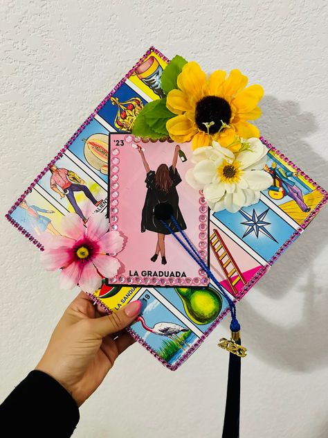 Loteria-inspired graduation cap 💖 Graduation Cap Designs, Graduation Caps, Cap Designs, Grad Parties, Graduation Cap, College Graduation, Grad Party, Graduation Party, Party Time