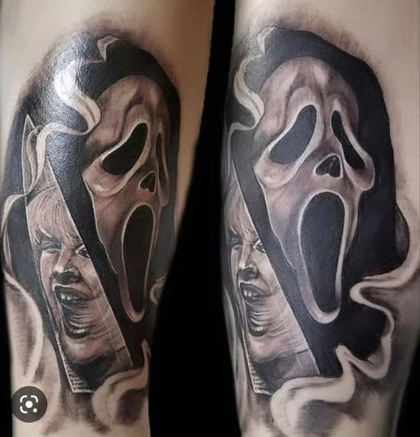 Scream Tattoo Leg, Ghostface Arm Tattoo, Scream Tattoo Sleeve, Ghost Face Tattoo Ideas, Scary Tattoos For Men, Scream Face Tattoo, Scream Tattoo Ideas, Scream Tattoo Design, Horror Movie Sleeve