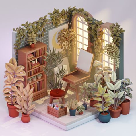 Blender 3d Illustration, Isometric Room, Mutual Love, 3d Props, 3d House, 3d Typography, Los Sims, Room With Plants, Blender 3d