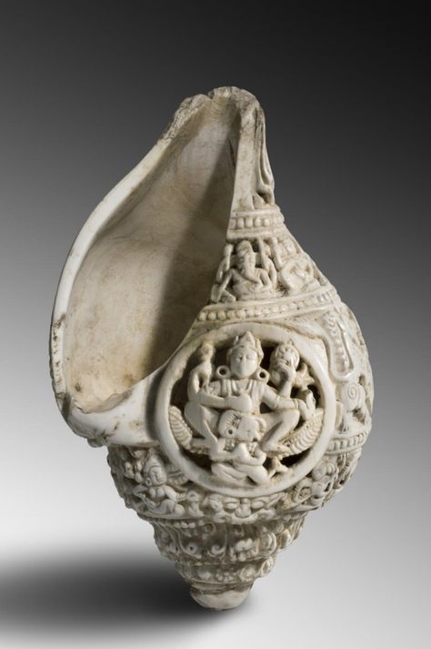 Shell carved with Vishnu and Elephants [996x1500] Water Vessel, Sacred Water, Art Coquillage, Hindu Rituals, Philadelphia Museum Of Art, Seashell Art, 11th Century, Carved Shell, Seashell Crafts