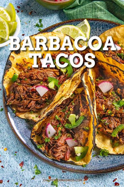 These barbacoa tacos are loaded with tender shredded beef that's been seasoned with chilies and spices, then cooked low and slow until the meat falls apart. Pork Barbacoa Tacos, Spicy Shredded Beef Tacos, Barbados Beef Tacos, Sides For Barbacoa Tacos, Barbacoa Beef Recipe, Authentic Shredded Beef Tacos, Spicy Beef Tacos, Barbacoa Marinade Recipe, Authentic Machaca Recipe