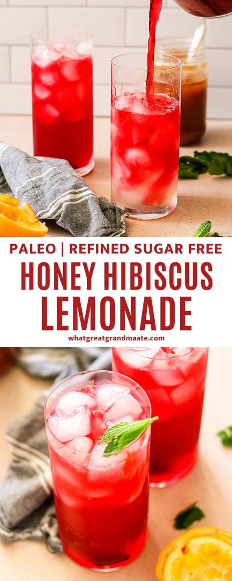 Delicious and refreshing homemade honey hibiscus lemonade! The flavor is so wonderful, and it's so easy to make and naturally paleo. It's the perfect drink on a warm day! #paleo #lemonade #hibiscus #summerdrinks #mocktail Hibiscus Lemonade, Aip Drinks, Tea Foods, Hibiscus Drink, 60's Party, Paleo Recipies, Paleo Drinks, Honey Water, Drink Recipes Nonalcoholic