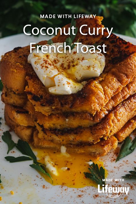 Coconut Curry French Toast with Mango Chutney French Indian Fusion Food, Indian Fusion Food, Indian Brunch, Fusion Recipes, Coconut Bowls, Coconut Drinks, Mango Chutney, Coconut Desserts, Coconut Smoothie