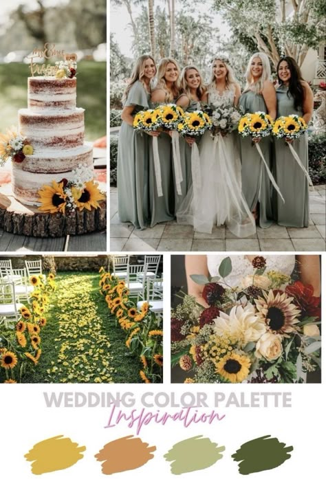 Sunflower Wedding Colour Palettes, Sunflower Color Palette Wedding Ideas, Wedding Colours With Sunflowers, Sunflower Color Scheme Wedding, Sunflower Yellow Wedding Theme, Wedding Color Palette Sunflower, Yellow Wedding Colour Schemes, Sunflower Autumn Wedding, Rustic Yellow Wedding Theme