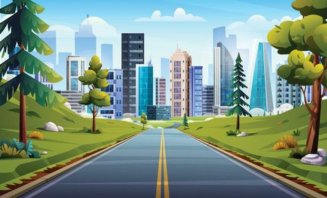 Road to city landscape illustration. Nature highway through meadow and trees to city cartoon vector background Cartoon Road Background, City Landscape Illustration, Background Train, Cartoon Trees, Train Table, Illustration Nature, Building Illustration, City Cartoon, 2d Game Art