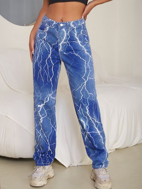 To find out about the High Waist Lightning Print Straight Jeans at SHEIN, part of our latest Women Jeans ready to shop online today! Bleach Jeans Diy, Custom Jeans Diy, Reworked Clothes, Denim Diy Clothes, Painted Clothes Diy, Bleached Jeans, Custom Jeans, Painted Jeans, Clothes Diy