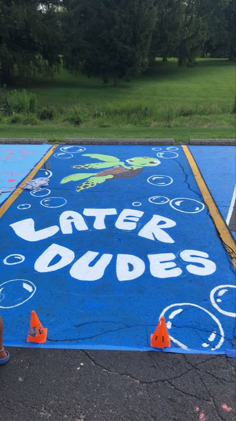 Cute Parking Spot Painting Ideas, Highschool Parking Spot Ideas, Painted Parking Spaces Ideas, Parking Lot Background, Unique Senior Parking Spot Ideas, Senior Year Planning, Parking Spot Ideas, Parking Space Ideas, Parking Lot Painting