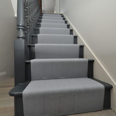 Berwick - Sergeant Grey Field with Carter Stair Rods - Off The Loom Grey Painted Stairs, Gray Stair Runner, Hall Stairs And Landing, Gray Stairs, Carpet Staircase, Hall And Stairs, Stairs Renovation, Black Stairs, Painted Staircases