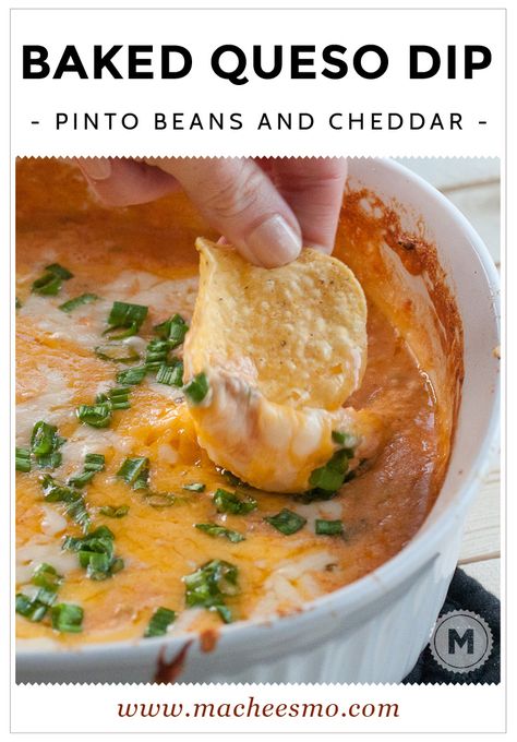 A really simple baked queso dip that's beyond words addictive. Serves 6-8 or 2... Recipe With Pinto Beans, Baked Queso Dip, Baked Queso, Queso Dip Recipe, Pinto Bean Recipes, Queso Dip Recipes, Pinto Bean, Queso Dip, Bean Dip