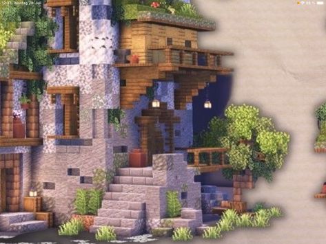 Stone Gradient Minecraft, Cliff Side Minecraft House, Minecraft Corner Building, Minecraft Cliff House, Minecraft Cliff, Minecraft Idea, Minecraft Decoration, Minecraft Structures, Minecraft Blocks