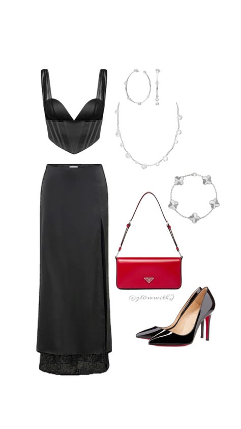 Classy, old money, minimalist , date night , valentines , holiday outfit, vacation wardrobe, model, IT girl, clean girl aesthetic, rich girl, elegant, expensive , sexy, soft, romance, romantic, red, cherry red, red bottoms heels, satin, leather , floral, playful , artsy ,effortless , preppy, elegant, vintage Black Evening Outfit, Black Satin Outfit, It Girl Outfit, Satin Outfit, Red Bottom Heels, Prada Mini, Midi Skirt Outfit, Evening Outfit, Red Bottom