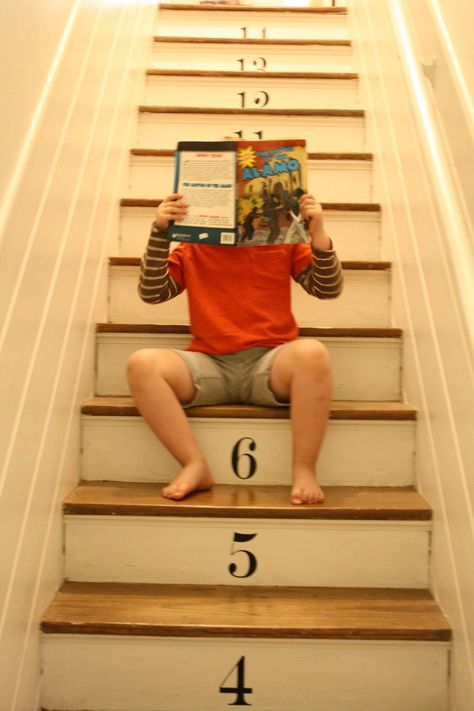 numbered stairs - playroom... Numbered Stairs, Stairs Makeover Design, Stair Makeover, Stairs Makeover, Back Steps, Learning Numbers, Finishing Basement, Teaching Tools, Staining Wood