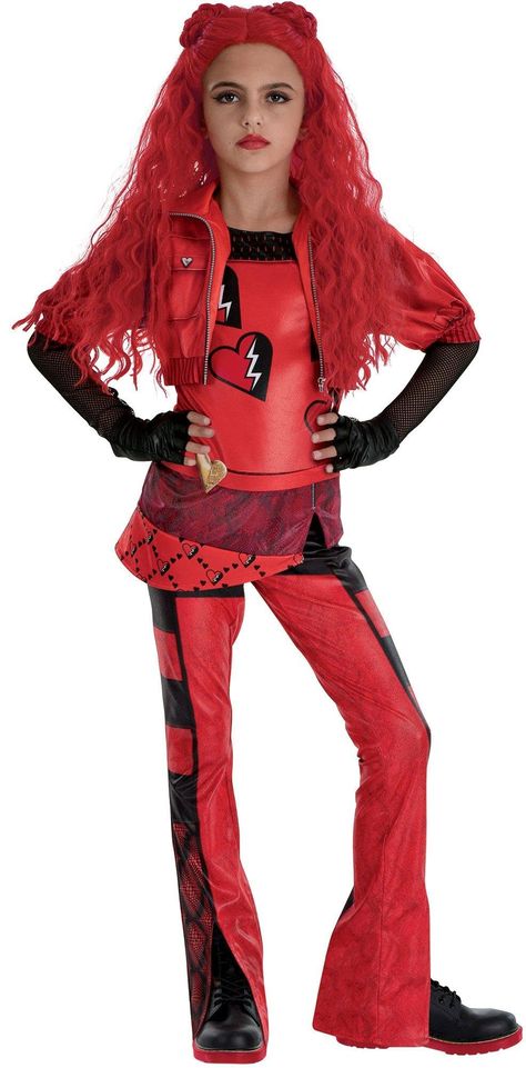 PRICES MAY VARY. Bold Descendants Style: Party City's Kids' Red Costume captures the fierce fashion of Red from Descendants 4. Featuring a vibrant red and black design with heart motifs, this costume is perfect for fans of the series looking to make a statement. Size L. Detailed Design: This 5-piece set includes a heart-covered shirt with an attached cropped jacket, flared pants, a heart belt, and fingerless gloves. Each piece is crafted to embody Red's iconic style, ensuring your child feels li Descendants Costume Ideas, Rise Of Red Costume Diy, Descendants Halloween Costumes, Rise Of Red Costume, Halloween Costumes For 8 Year Girl, Descendants Costumes Diy, Diy Red Descendants Costume, Red Descendants Costume, Red Descendants Outfits