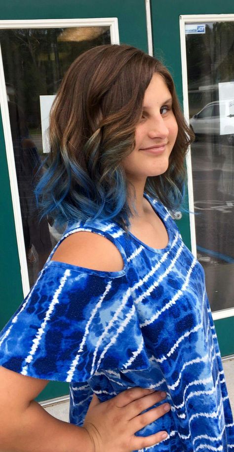 Blue Topaz ombre on medium Brown hair Hair Tips Dyed Blue, Blue Brown Hair, Blue Grey Hair, Blue Hair Highlights, Best Ombre Hair, Grey Ombre Hair, Underlights Hair, Hair Dye Tips, Blue Ombre Hair