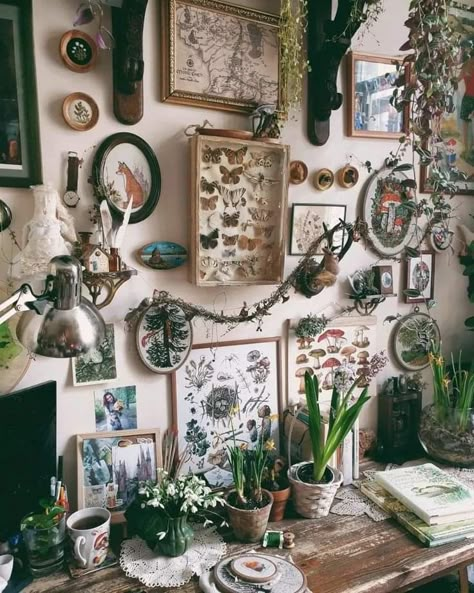 Retro Boho Cottagecore, Dark Cottagecore Gallery Wall, Goblincore Apartment Decor, Oddities Display Ideas, Witchy Eclectic Decor, Apothecary Decor Bedroom, Goblincore Wall Decor, Witchy Craft Room, Witch Aesthetic Living Room