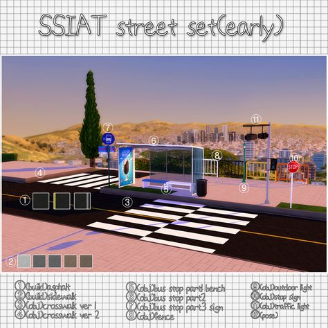 early)street set | your ssiat on Patreon Sims 4 Street Cc, Bus Stop Sign, Subway Sign, Sims 4 Cc Folder, 4th Street, Korean Street, Traffic Light, Custom Decor, Bus Stop