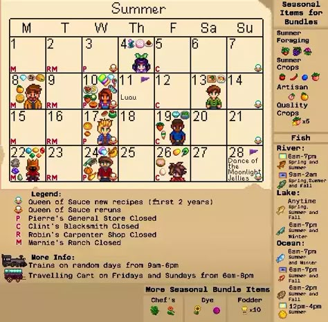 Stardew Valley Calendar with Gifts/Bundles/Events etc. - Imgur Stardew Valley Events, Stardew Calendar, Stardew Planner, Stardew Valley Calendar, Stardew Tips, Stardew Ideas, Stardew Farms, Stardew Valley Layout, Stardew Valley Tips