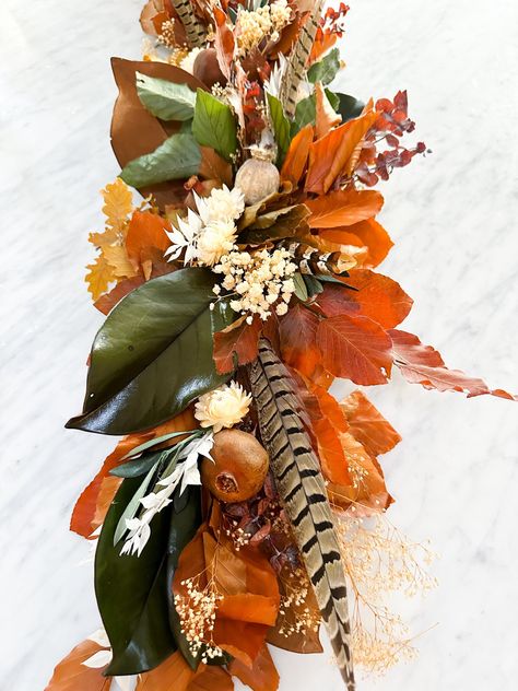 Fall Leaf, Magnolia, and Pheasant Feather Garland/ Fall centerpiece/ Fall Mantle Piece/ Table Garland, 3 Feet Fall Mantle Garland, Thanksgiving Flower Arrangements, Feather Garland, Mantle Garland, Table Garland, Fall Mantle, Pheasant Feather, Fall Garland, Feather Decor