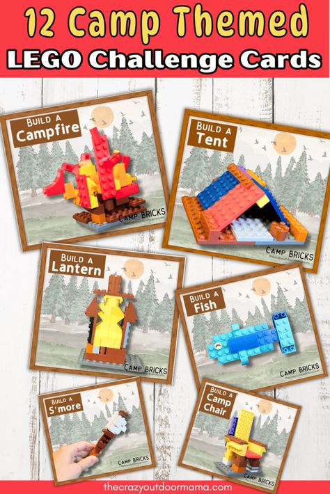 Lego Camping Ideas, Lego Camp Ideas, Lego Camping, Lego Challenge Cards, Lego Building Ideas, Lego Stem, Camping Dramatic Play, June Ideas, Lego Library