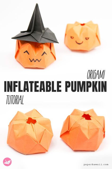 Kawaii Halloween Crafts, How To Make A Paper Pumpkin, Pumpkin Origami Tutorials, Pumpkin From Paper, Halloween Kids Projects, Oragami Ideas Halloween, Pumpkin Origami For Kids, Paper Halloween Decorations Diy, Origami Pumpkin For Kids