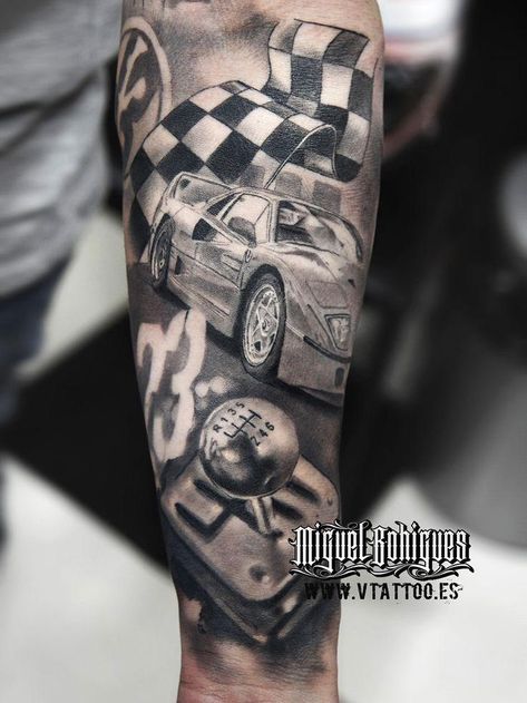 Hot Rod Tattoo, Full Hand Tattoo, Racing Tattoos, Mechanic Tattoo, Money Tattoo, Car Tattoos, Dad Tattoos, Ferrari F40, Leg Sleeves