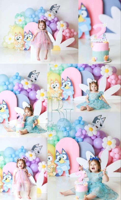 Bluey cake smash photoshoot Bluey Cake Smash Photoshoot, Bluey Photoshoot Toddler, Bluey Smash Cake For Girl, Bluey Birthday Photoshoot, Bluey Photoshoot, Girly Bluey Party Theme, Bluey Cake Smash, 3rd Birthday Photoshoot, 3rd Birthday Party For Girls