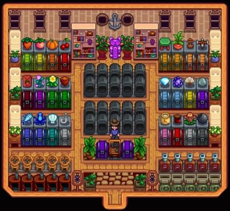 aesthetic stardew interior storage shed inspiration for endgame Stardew Storage, Shed Layout, Shed Inspiration, Stardew Farms, Big Sheds, Shed Designs, Stardew Valley Layout, Stardew Valley Tips, Stardew Valley Farms