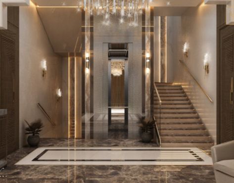 Stairs and entrance design in Kuwait City on Behance New Classic Bedroom Design, Building Entrance Design, Girls Bathroom Design, Lift Lobby Design, Elevator Lobby Design, Elevator Interior, Staircase Design Modern, Stair Lift, Lobby Interior Design