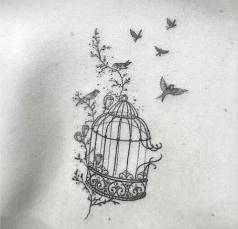 Fine Line Bird Cage Tattoo, Butterfly Cage Tattoo, Birdcage Tattoo Design, Birds Flying Out Of Cage Tattoo, Bird Leaving Cage Tattoo, Bird Cage Tattoos For Women, Bird Out Of Cage Tattoo, Bird In Cage Tattoo, Freedom Tattoos For Women