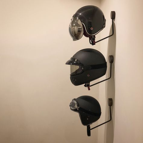 Aesthetic Helmet, Motorcycle Showroom Design, Bike Helmet Storage, Ceramic Monsters, Helmet Storage, Ski Room, Wood Aesthetic, Porch Storage, Garage Loft