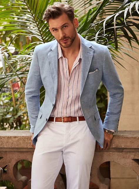 Mens Summer Formal Outfits, Miami Chic Outfit Men, Men’s Summer Blazer, Summer Gala Outfit Men, Mens Summer Suits Wedding, Coastal Mens Fashion, Summer Blazer Outfits Men, Mens Summer Cocktail Attire, Men’s Vacation Style