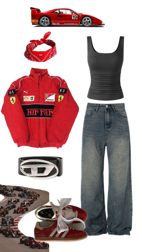 Ferrari jacket. Baggy jeans. Formula 1. Racer girls. Tom boy. Masculine Racer Jacket Outfit Women, Ferrari Jacket Outfit, Racer Jacket Outfit, Racing Jacket Outfit, Dubai Outfit, Seafood Feast, Scorpio Rising, Race Outfit, Aries And Scorpio