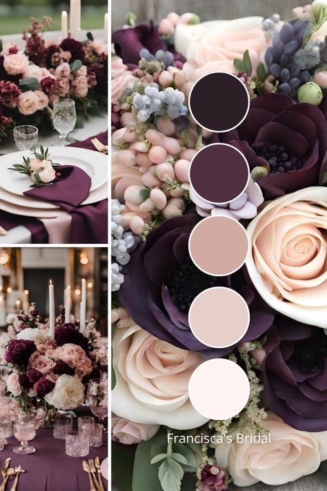 Autumn Wedding Colors Palette Fall, Wedding Inspiration Purple, Black White Purple Wedding Theme, Grape Wedding Colors, Mauve Wedding Theme Color Palettes, Shades Of Purple Fall Wedding, Theme Colours For Wedding, Theme Color Palettes, Plum Fall Wedding Colors